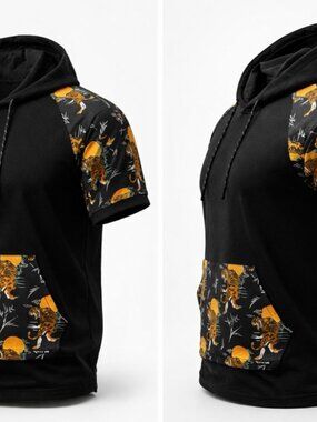 WXYZ Men’s Short Sleeve Hoodie Tiger Print Pocket Black Size XL 100% Cotton